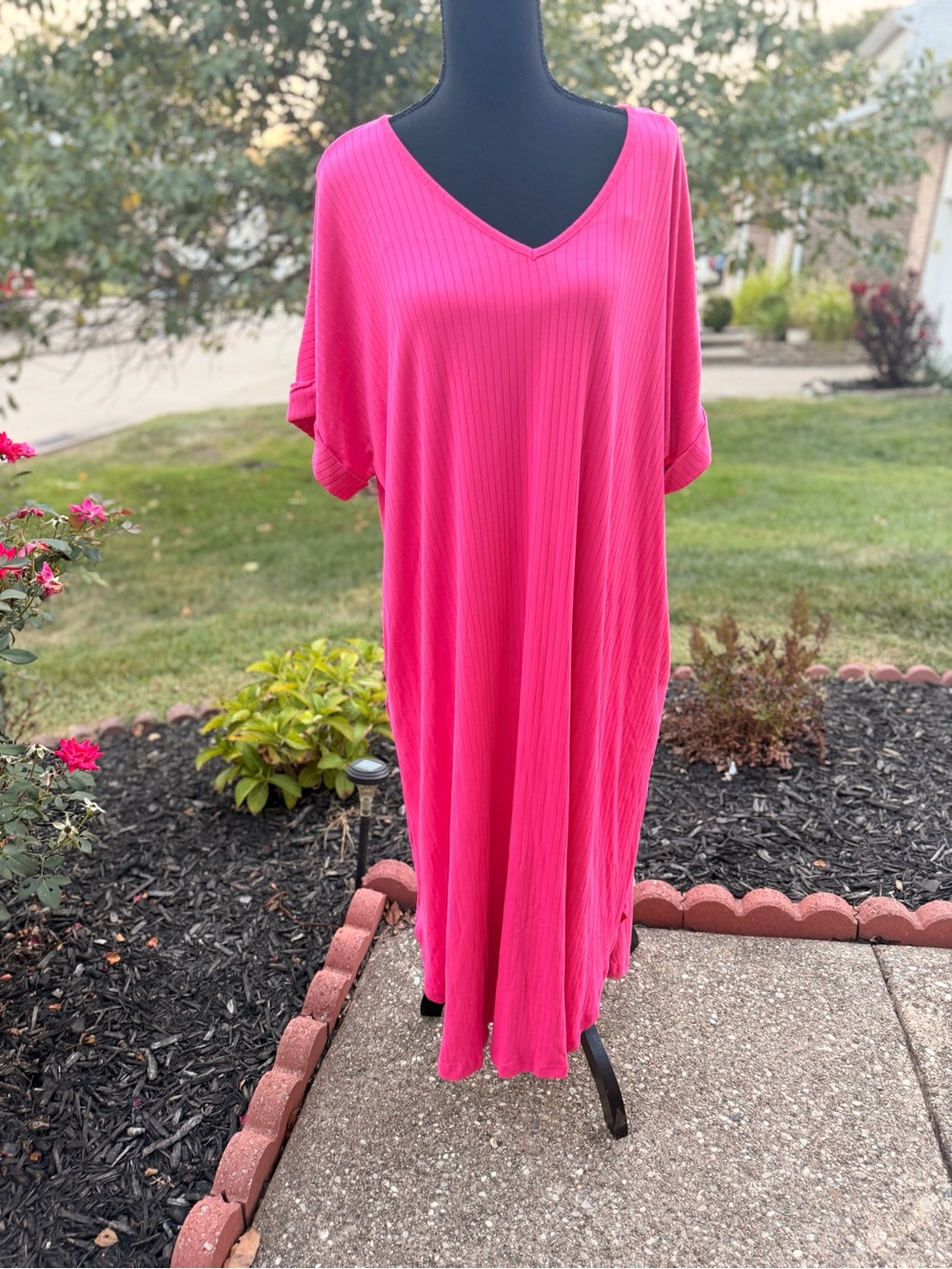 Women's V-Neck Oversized Ribbed Dress - Hot Pink